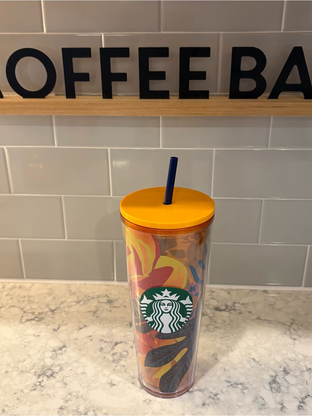 Starbucks Orange-Lid Tropical Floral Tumbler with Blue Straw